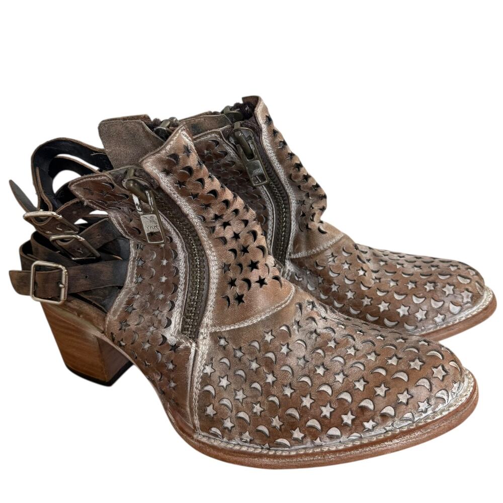 Freebird by Steven Dahlia Laser Cut Leather Open Back Ankle Booties Brown Sz 11 - Picture 3 of 10